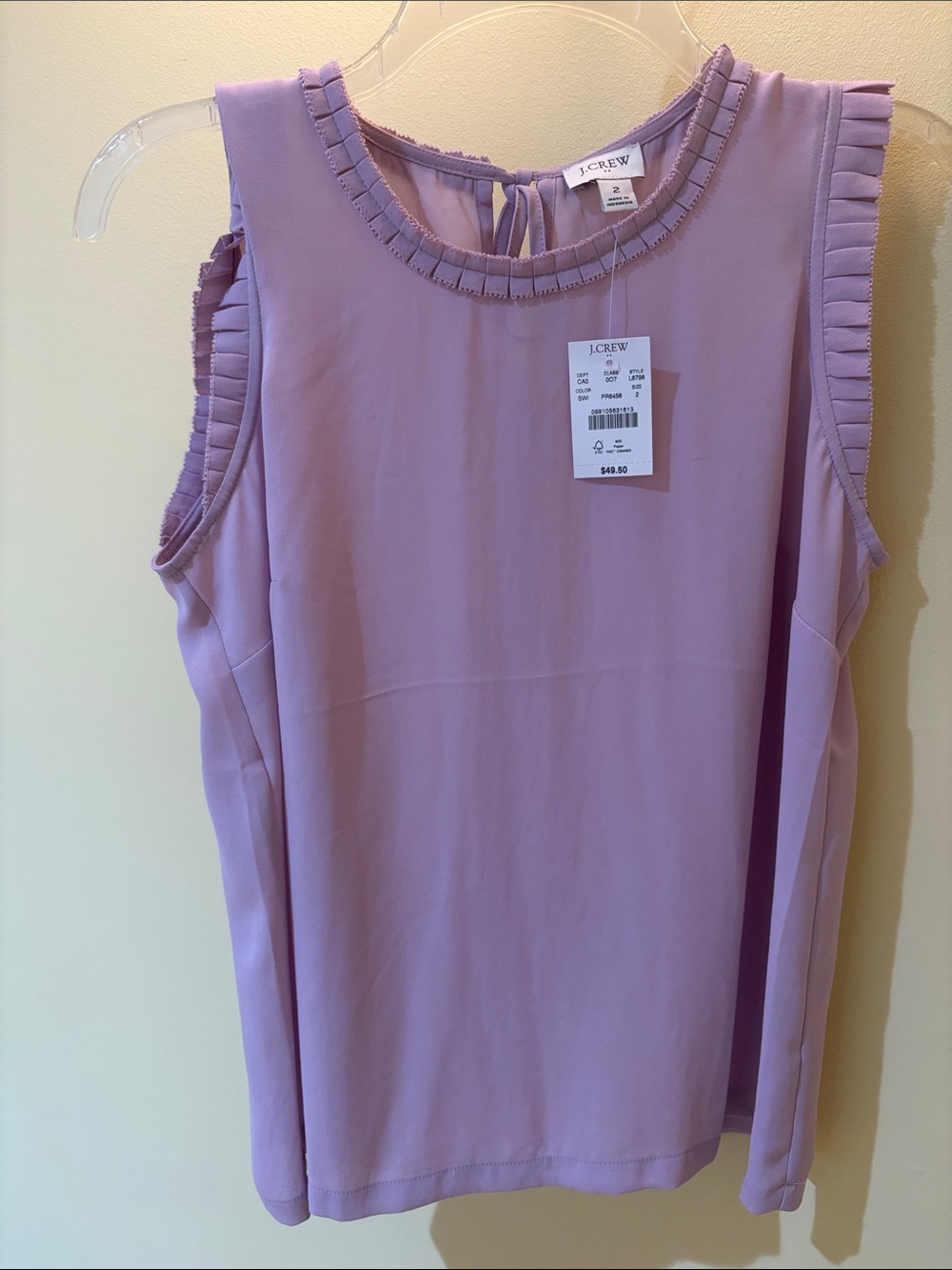 J. Crew Lavender Ruffle-Trim Sleeveless Top size 2 NWT
